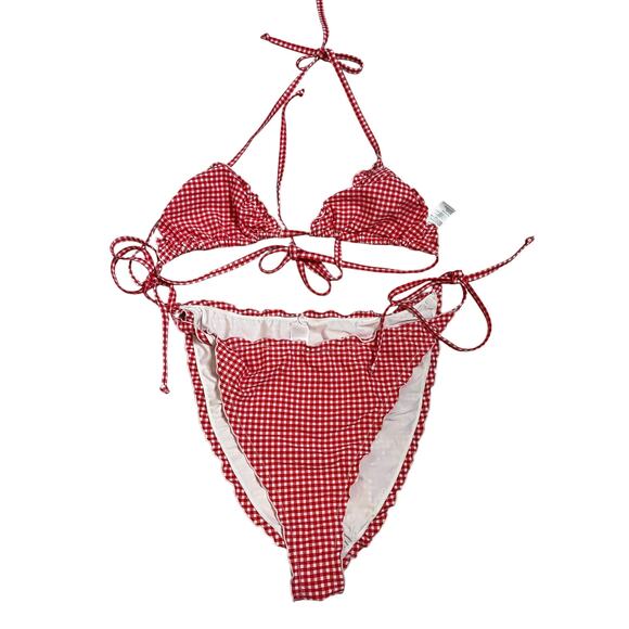 Good American Gingham Bikini Set Red White Check Halter High Waist Womans 4XL - Picture 1 of 8